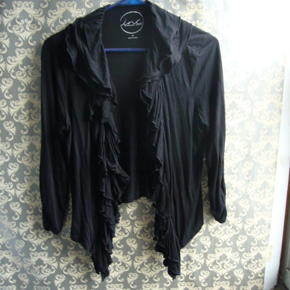 INC International Concepts Black Soft Ruffle Trim Jacket Single Hook Close - M